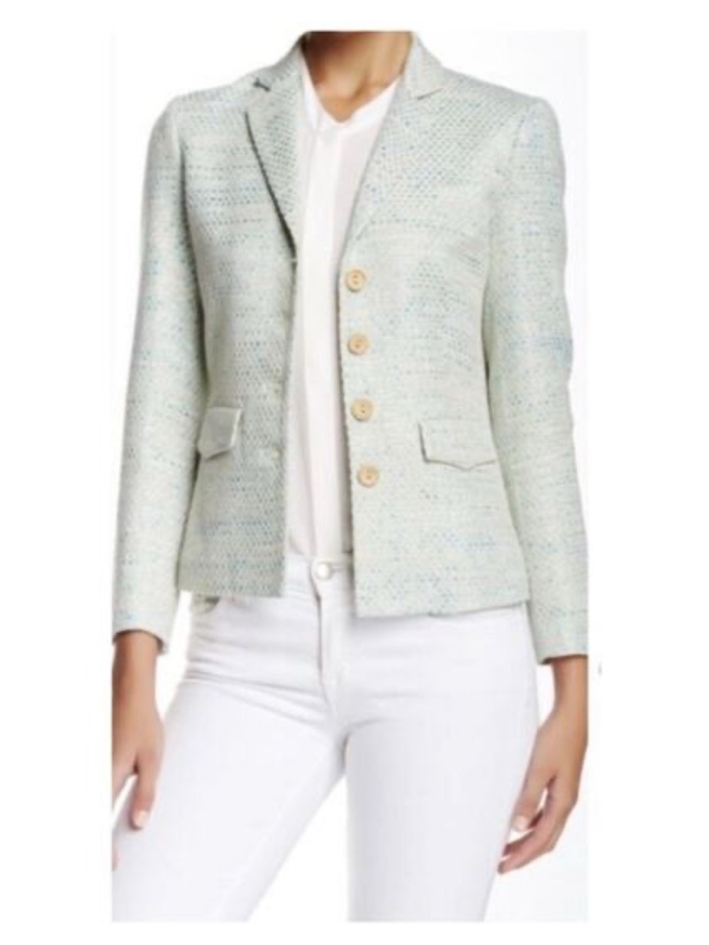 J. McLaughlin Summer Tweed Office Blazer Jacket Metallic Blue Cream Size 10 Coas